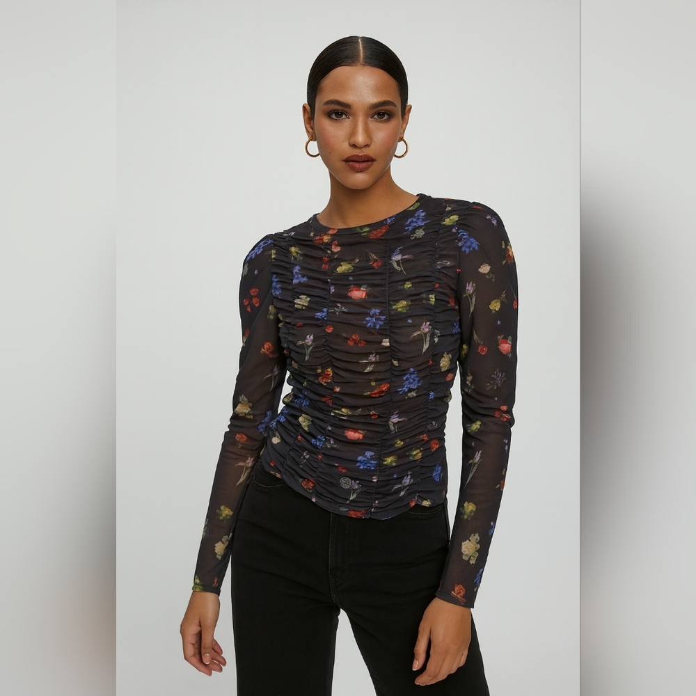 Topshop Floral Sheer Ruched Mesh Top Y2K 90s Coquette Girl Romantic Sexy Flirty